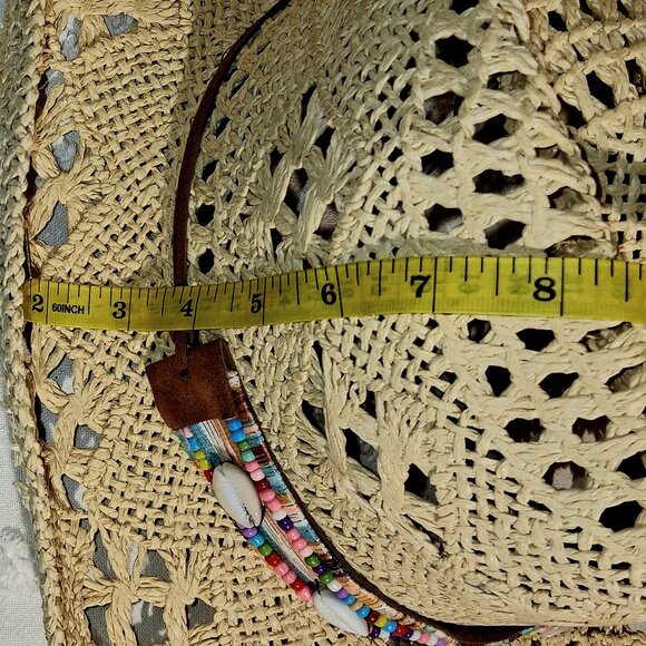 Boho CreamTribal Band Tycoon Crown Crochet Hollow Straw Cowboy Hat Festival - Picture 9 of 12